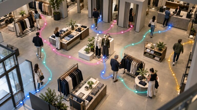 Store visitors with coloured paths illustrating footfall analytics