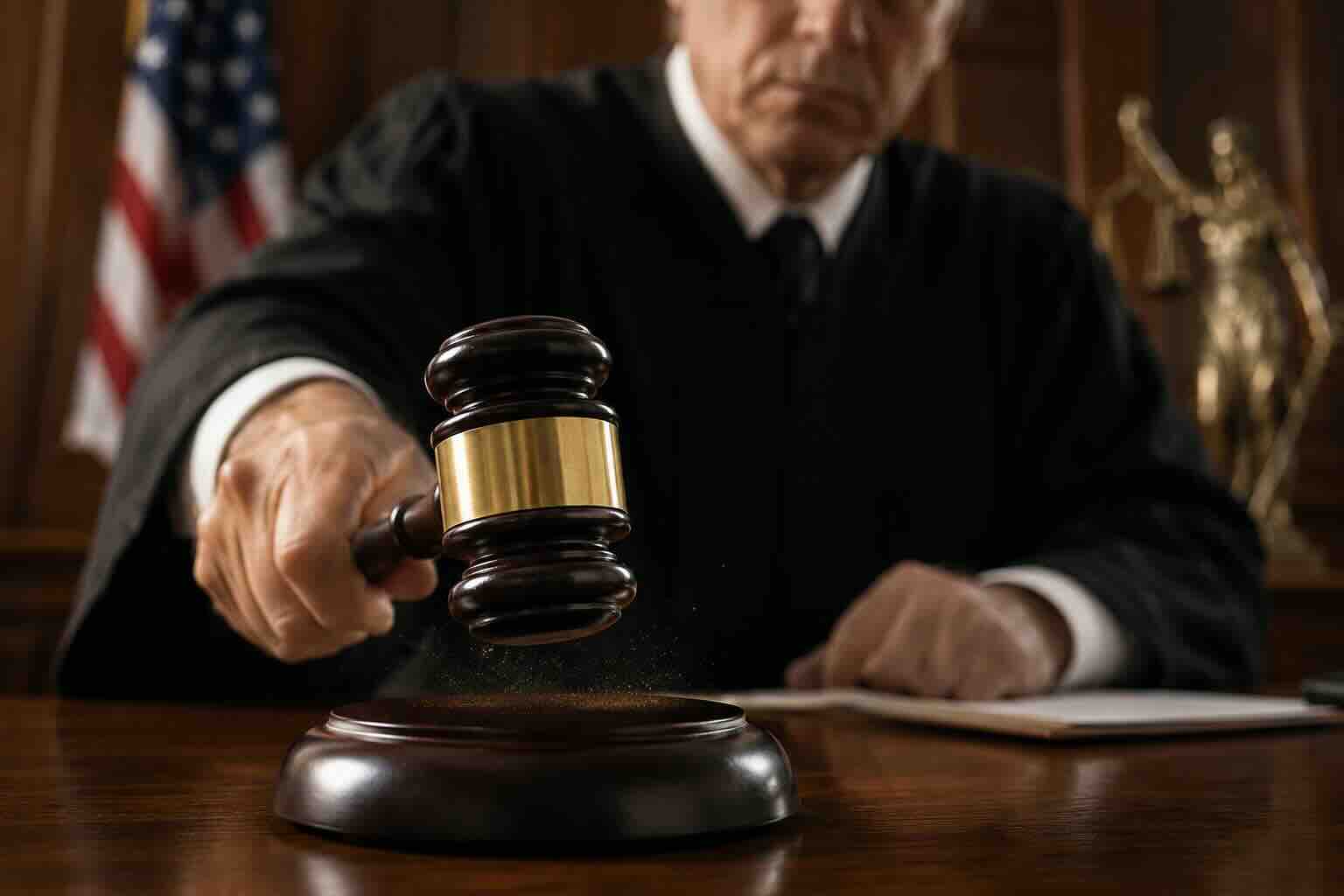Judge holding a gavel in a courtroom