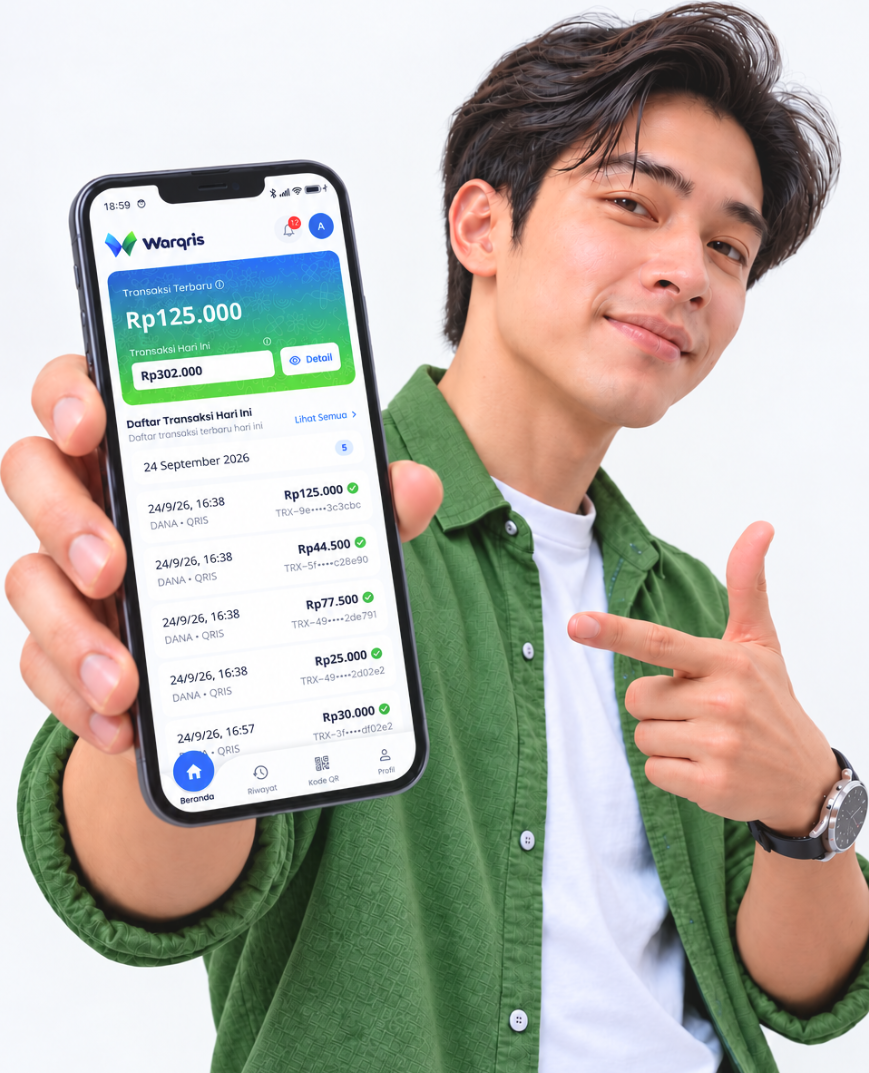 Merchant showing the Warqris app transaction history and payment overview on a phone